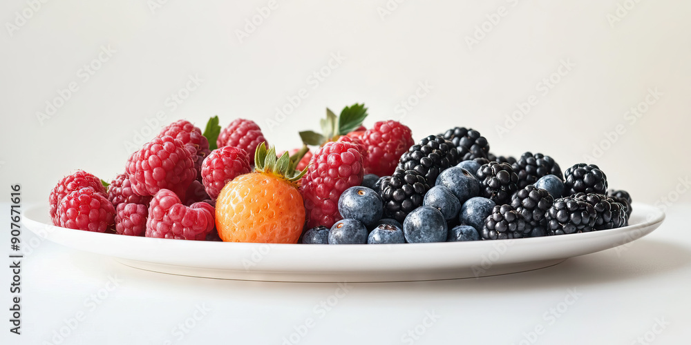 Minimalist Harvest: A small selection of berries, artfully displayed on a clean white plate Minimalist Harvest: A small selection of berries, artfully displayed on a clean white plate