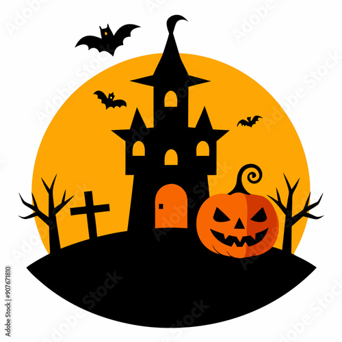 Spooky Halloween scene with haunted house, bats, full moon, jack-o'-lantern and bare tree.