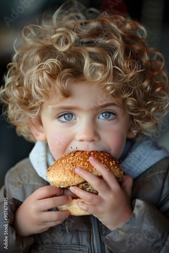 a child eats a burger close-up. Selective focus