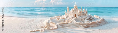 Fantasy-themed sandcastle with dragons and mythical creatures, shimmering under the sun