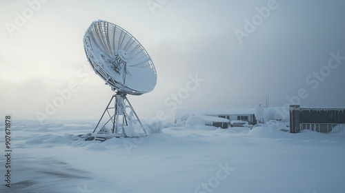 A satellite dish covered with a thick layer of snow stands in a frozen winter landscape.