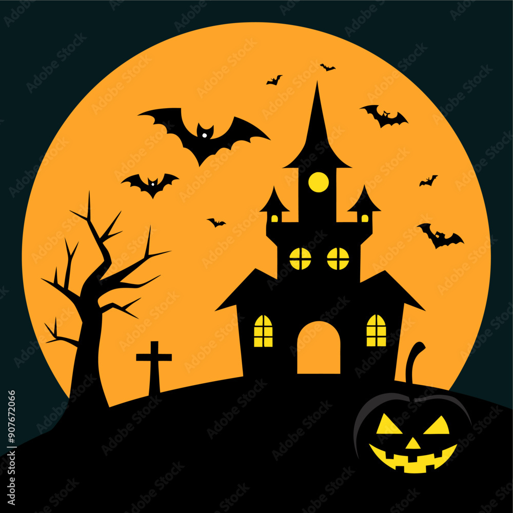 Spooky Halloween scene with haunted house, bats, full moon, jack-o'-lantern and bare tree. Spooky Halloween scene with haunted house, bats, full moon, jack-o'-lantern and bare tree.