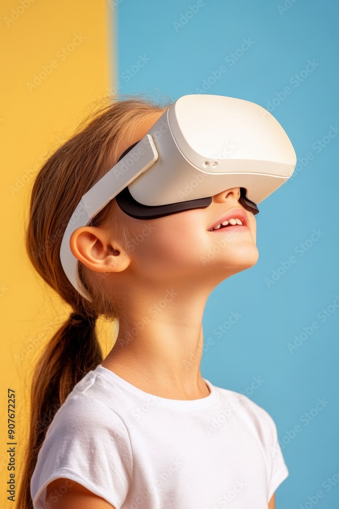 Young girl enjoys virtual reality adventure against bright colorful background Young girl enjoys virtual reality adventure against bright colorful background