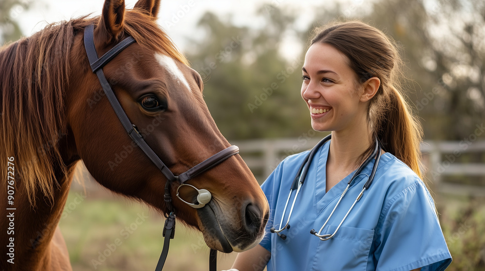 Obraz premium On a farmstead, a veterinarian in blue scrubs smiles as he examines a brown horse.