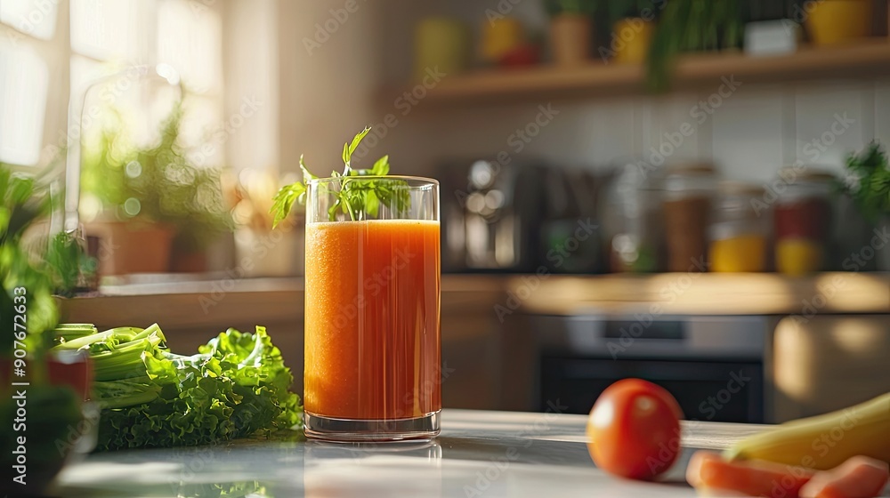 Fototapeta premium vegetable smoothie on the table in the kitchen. Selective focus