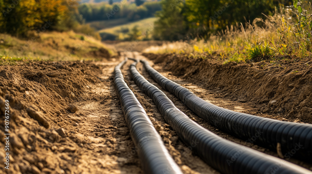 Black electrical cables are found in a trench along an unpaved road, under construction. Black electrical cables are found in a trench along an unpaved road, under construction.