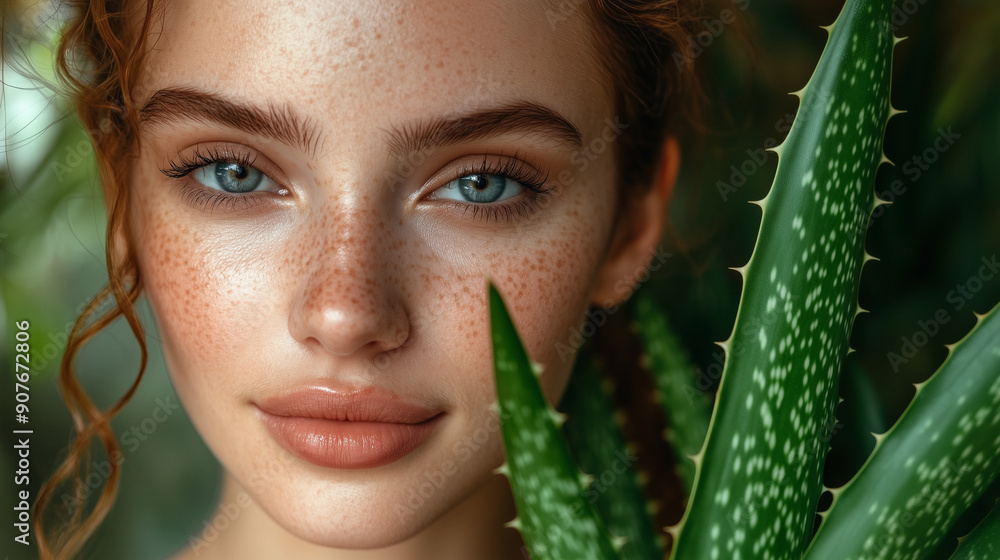 Close up shot of a woman's face with radiant skin, an aloe plant is in the background. Close up shot of a woman's face with radiant skin, an aloe plant is in the background.