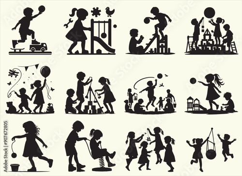 Children's Play Silhouette Vector Illustration