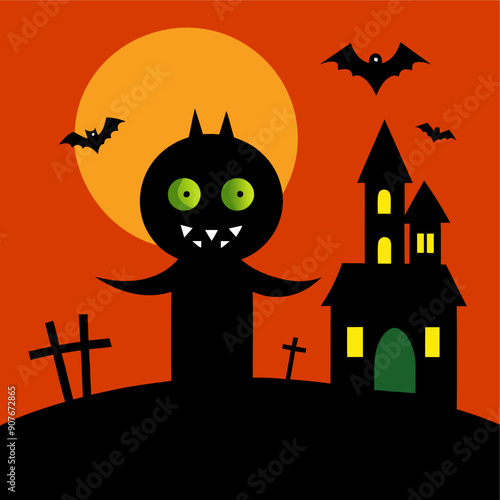 Spooky Halloween scene with haunted house, bats, full moon, jack-o'-lantern and bare tree.