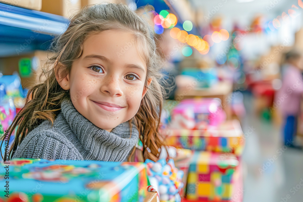 Young girl smiling while sorting christmas presents for a charity organization Young girl smiling while sorting christmas presents for a charity organization