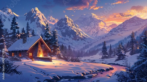 Mountain vacation cabin with a cozy fireplace, surrounded by snowy peaks and pine trees photo