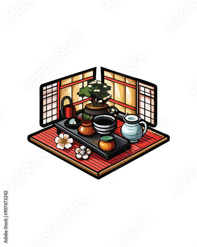 A serene scene of a Japanese tea ceremony featuring a traditional tea set, a bonsai tree, and delicate white blossoms on a red tatami mat. photo