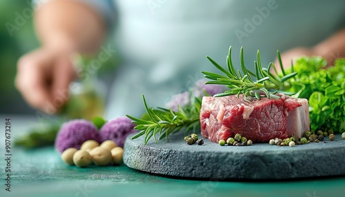 Gourmet depiction of a clean keto meal with succulent grassfed beef, showcasing its role in a balanced, whole foods diet photo