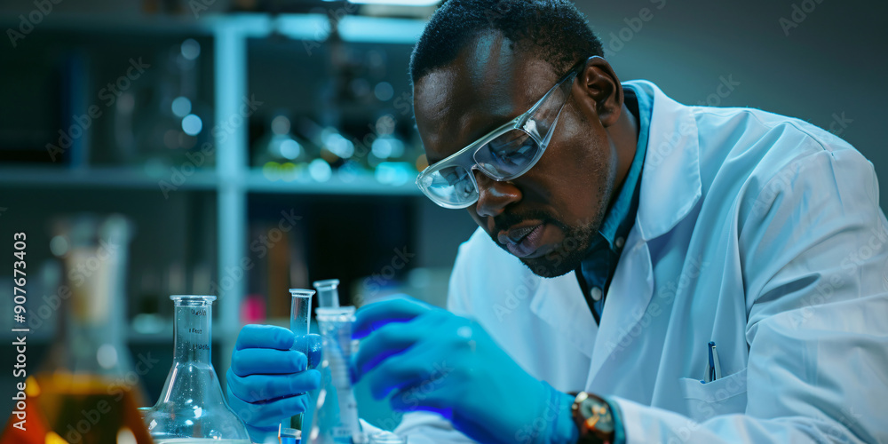 A scientist in a laboratory working on an experiment with chemical glassware, wearing safety goggles and gloves.. african man A scientist in a laboratory working on an experiment with chemical glassware, wearing safety goggles and gloves.. african man