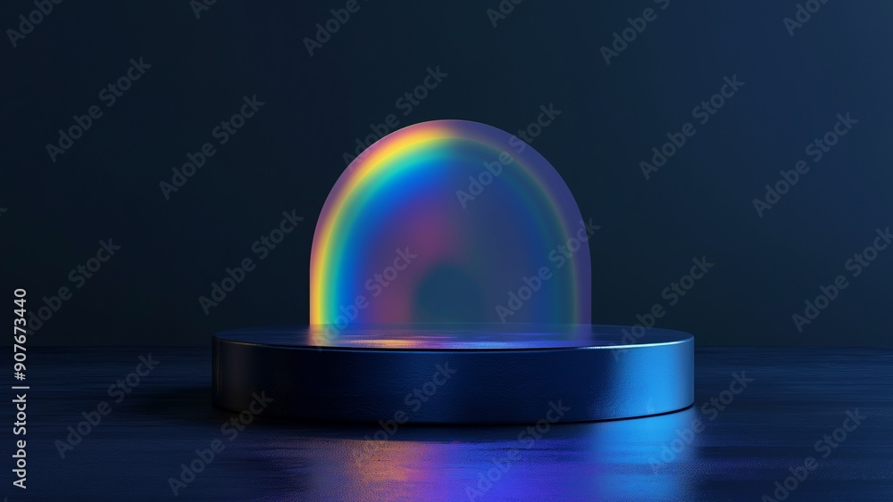 An empty podium in a dark blue room lit by rainbow neon lights. Suitable for product presentations An empty podium in a dark blue room lit by rainbow neon lights. Suitable for product presentations