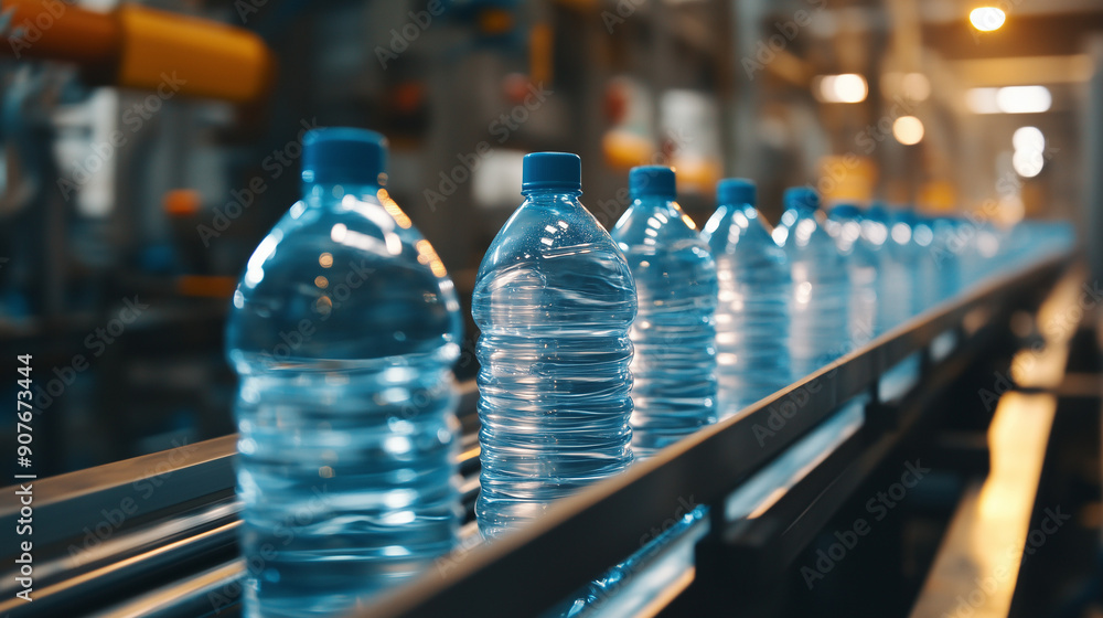 Water bottles are placed on a production line in the factory and moved towards the next stages of production.
Water bottles are placed on a production line in the factory and moved towards the next stages of production.