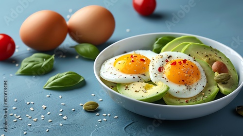 Gourmet depiction of a clean keto meal with farmfresh freerange eggs, showcasing their role in a balanced, whole foods diet photo