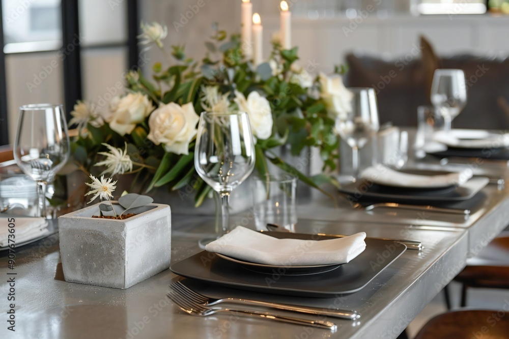 Modern industrial table setting with metal plates, concrete napkin holders, and a minimalist centerpiece , created by ai Modern industrial table setting with metal plates, concrete napkin holders, and a minimalist centerpiece , created by ai