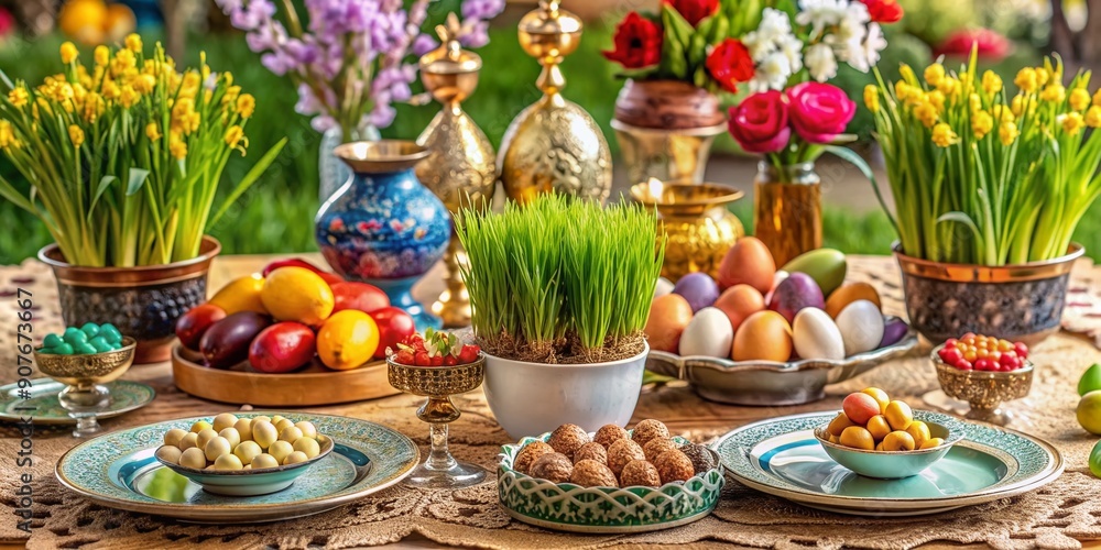 Vibrant traditional Persian Haft Sin table setting for Nowruz celebration, featuring symbolic elements like sabzeh, samanu, and decorated eggs, welcoming spring equinox in March. Vibrant traditional Persian Haft Sin table setting for Nowruz celebration, featuring symbolic elements like sabzeh, samanu, and decorated eggs, welcoming spring equinox in March.