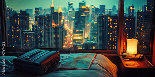 Fototapeta Naklejka Na Ścianę i Meble -  City Break Journey: A solo traveler enjoying a view of a bustling city skyline from their hotel window, with a suitcase on the bed and a tourist map on the nightstand.