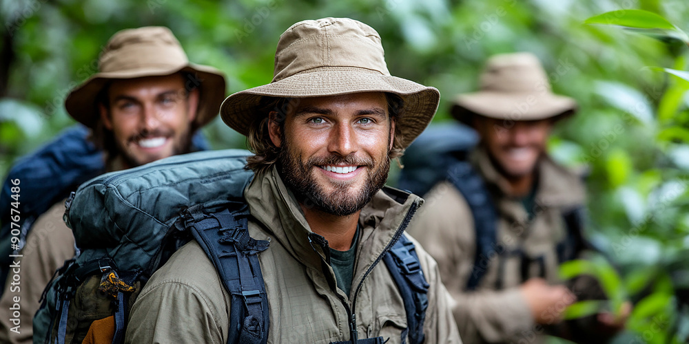 Fototapeta premium Happy footsteps backpacking travelers take a trip