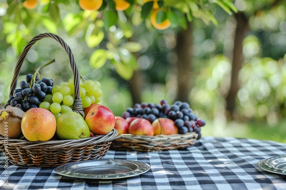 Outdoor picnic table setting with checkered tablecloth, enamel plates, and a basket of fresh fruit, created by ai Outdoor picnic table setting with checkered tablecloth, enamel plates, and a basket of fresh fruit, created by ai
