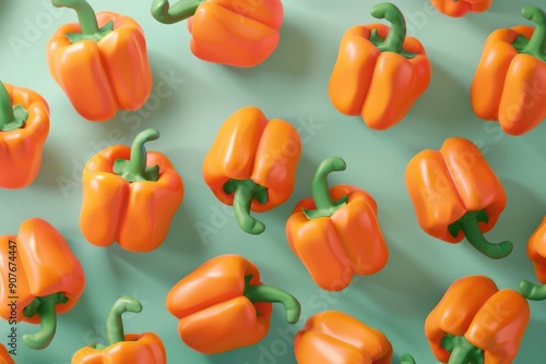 Playful 3D Plasticine Style Background with Vibrant Orange Bell Peppers on Green Surface – Food Art for Prints, Posters, Designs photo