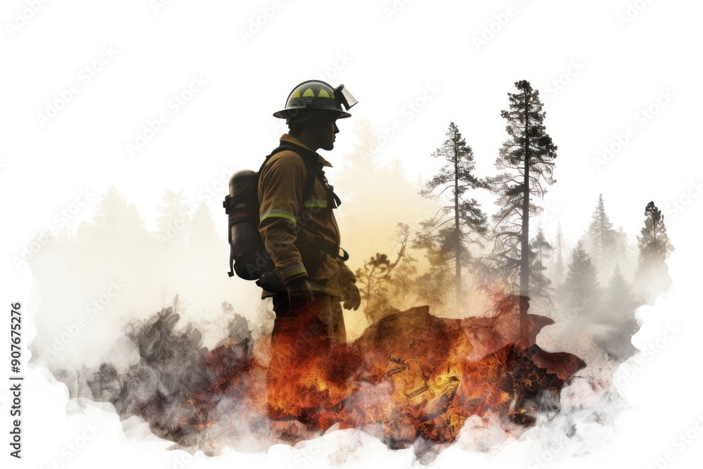 Double exposure photography fireman and forest fire helmet adult white background. Double exposure photography fireman and forest fire helmet adult white background.