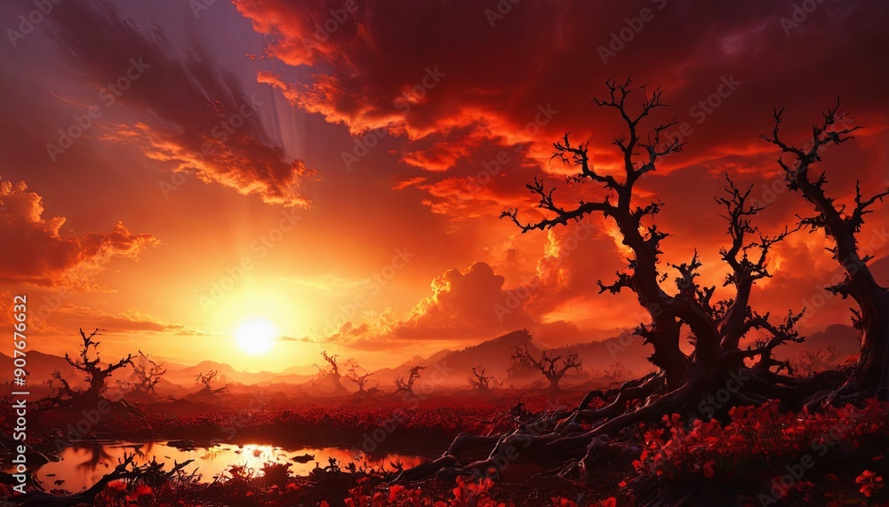 Fiery Sunset Over Mystical Landscape Fiery Sunset Over Mystical Landscape