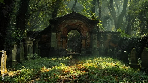 a stone archway in a forest.

 photo