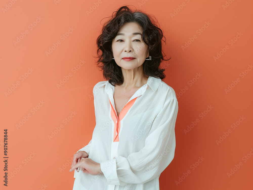 Photo of an elegant mature Korean woman in her 50s wearing a white shirt on a coral background Photo of an elegant mature Korean woman in her 50s wearing a white shirt on a coral background