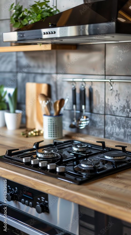 A kitchen with a stove top and a hood A kitchen with a stove top and a hood