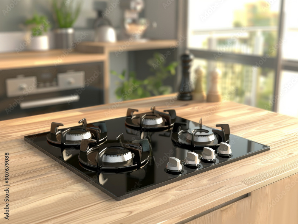 A black stove with four burners sits on a wooden countertop A black stove with four burners sits on a wooden countertop