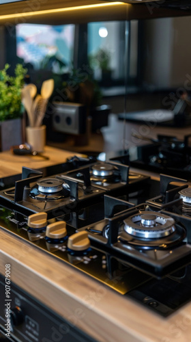 A stove with four burners and a mirror above it