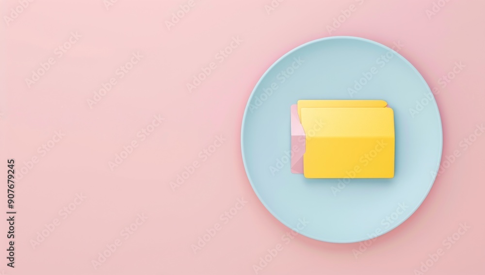 Yellow and Pink Folders on a Blue Plate Yellow and Pink Folders on a Blue Plate