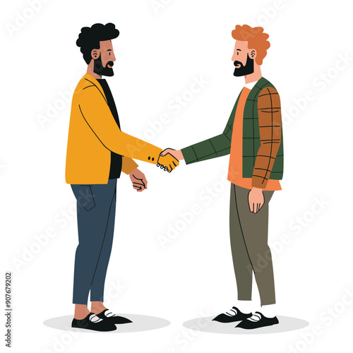Two men shaking hands, one curly hair beard wearing yellow jacket, straight hair beard wearing plaid shirt orange tshirt. Positive friendly meeting, business agreement, casual modern clothing