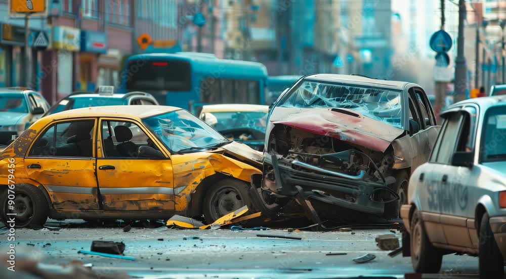 A serious car accident scene in an urban area involving a yellow taxi ...