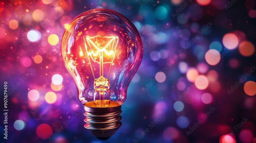 Vibrant light bulb glowing with multicolored bokeh lights. Vibrant light bulb glowing with multicolored bokeh lights.