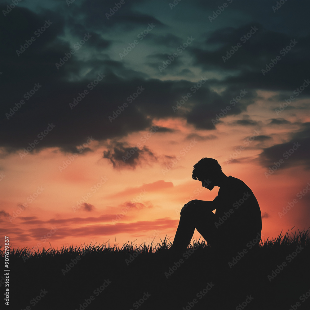 Silhouette of a hopeless person against a sunset Silhouette of a hopeless person against a sunset