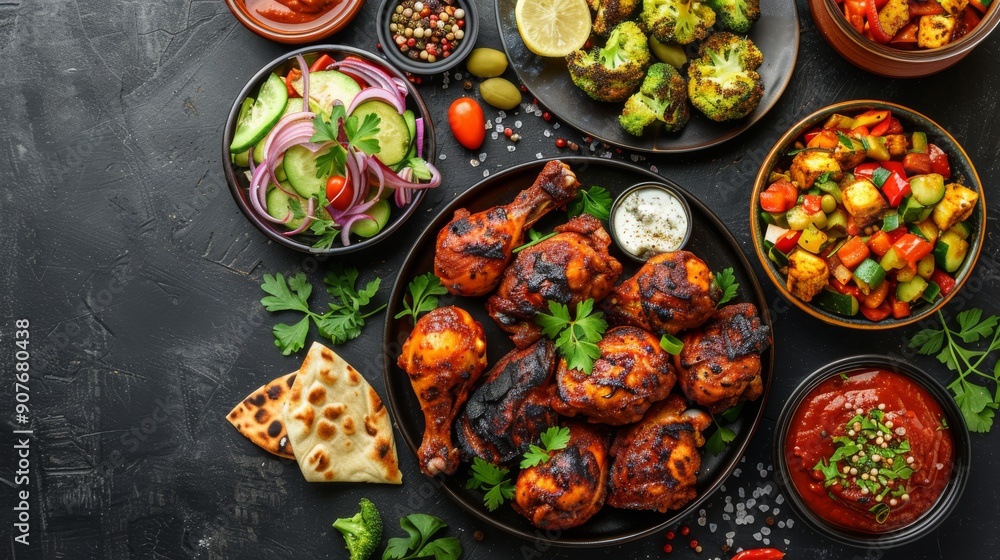 A lavish Indian food feast with chicken tikka masala, tandoori chicken, and appetizers on dark concrete background A lavish Indian food feast with chicken tikka masala, tandoori chicken, and appetizers on dark concrete background
