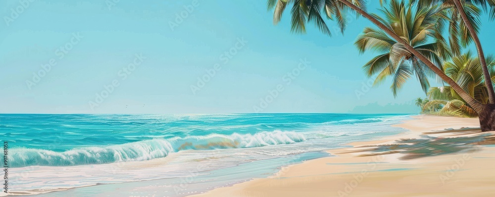 Obraz premium A serene beach scene featuring soft waves, golden sand, and swaying palm trees under a bright blue sky.