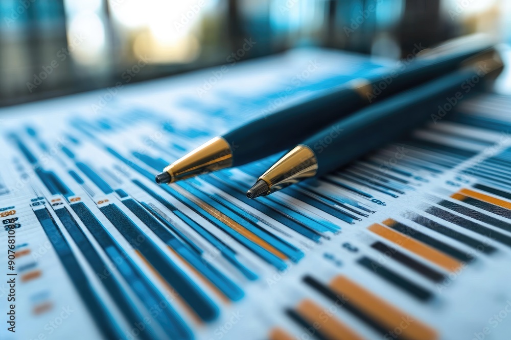 Fototapeta premium Two pens resting on paper with graphs showing business data