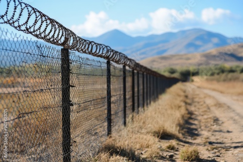 Barbed wire fence creating a secure border line under blue sky