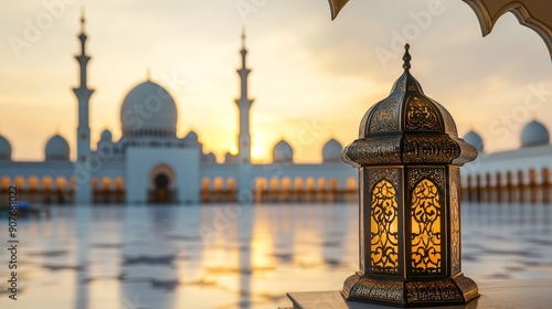 Beautiful mosque at sunset with lantern in foreground. photo