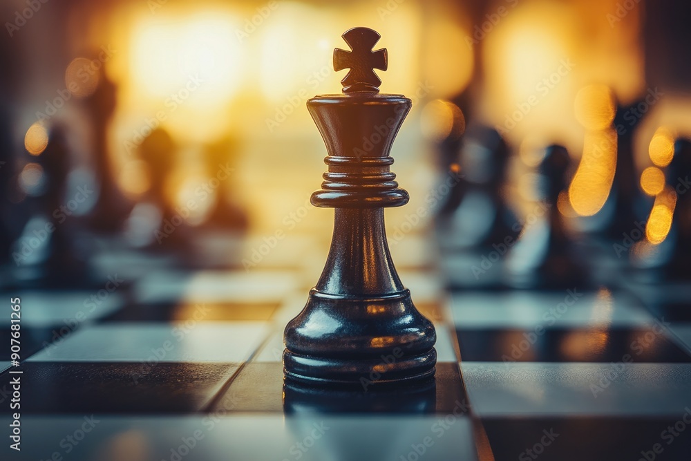 Black queen standing on a chessboard with other pieces out of focus in the background Black queen standing on a chessboard with other pieces out of focus in the background