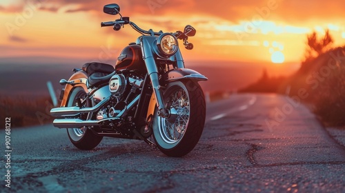 A sleek Harley-Davidson motorcycle parked on an open road at sunset, with the horizon stretching out behind it, showcasing its powerful and iconic design