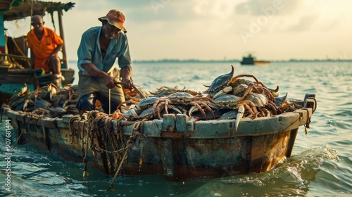 Fisherman rowing boat full of crabs in the sea