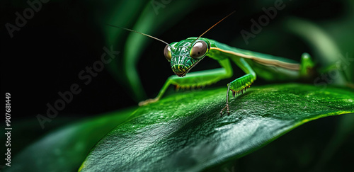 Mantis in the Dark: Stunning Close-Up on a Leaf