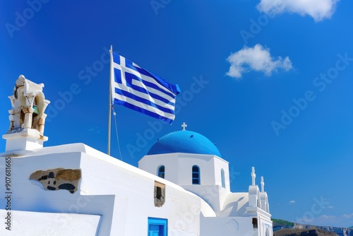 Obraz na plátně Greek flag waving over traditional white church with blue dome in greece