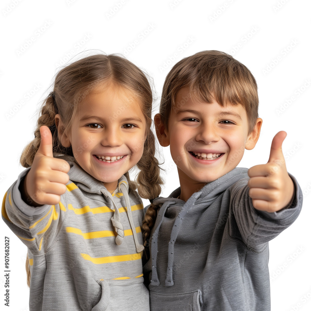 Portrayal of children joyfully giving thumbs-up gestures, isolated on a transparent background. Portrayal of children joyfully giving thumbs-up gestures, isolated on a transparent background.
